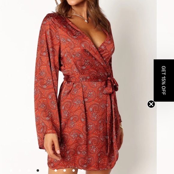 Vici Carolina Satin Paisley Fringe Wrap Mini Dress - Rust - Picture 1 of 6